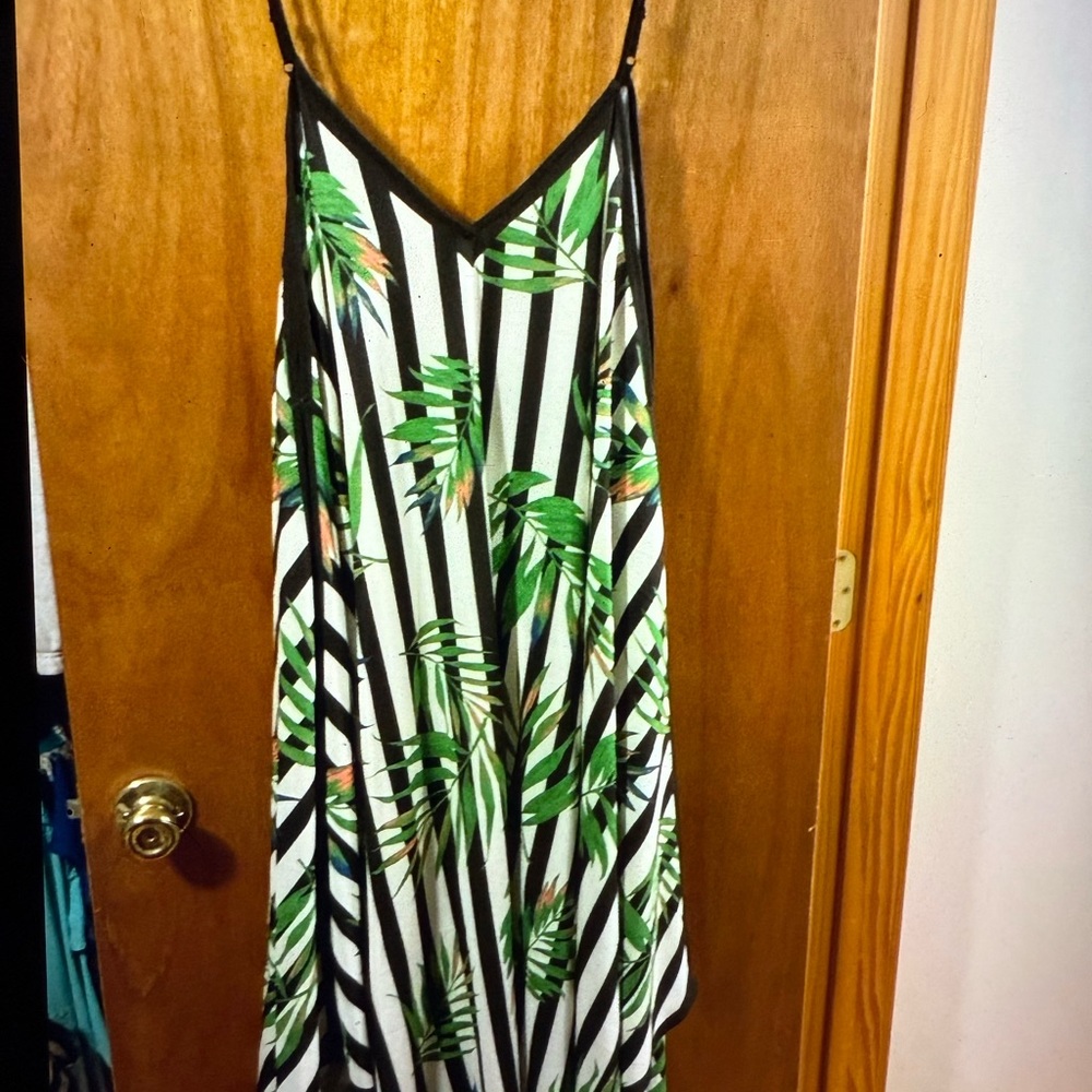 Jealous Tomato Striped Midi Dress with Green Leaf Accents
